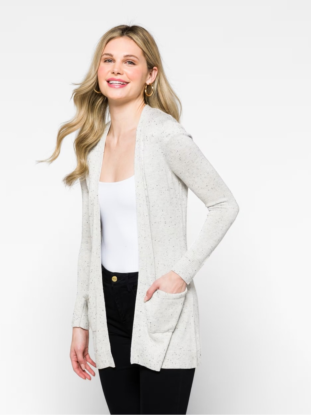 Stitches & Stripes Light Gray Speckled Open-Front Women’s Sweater